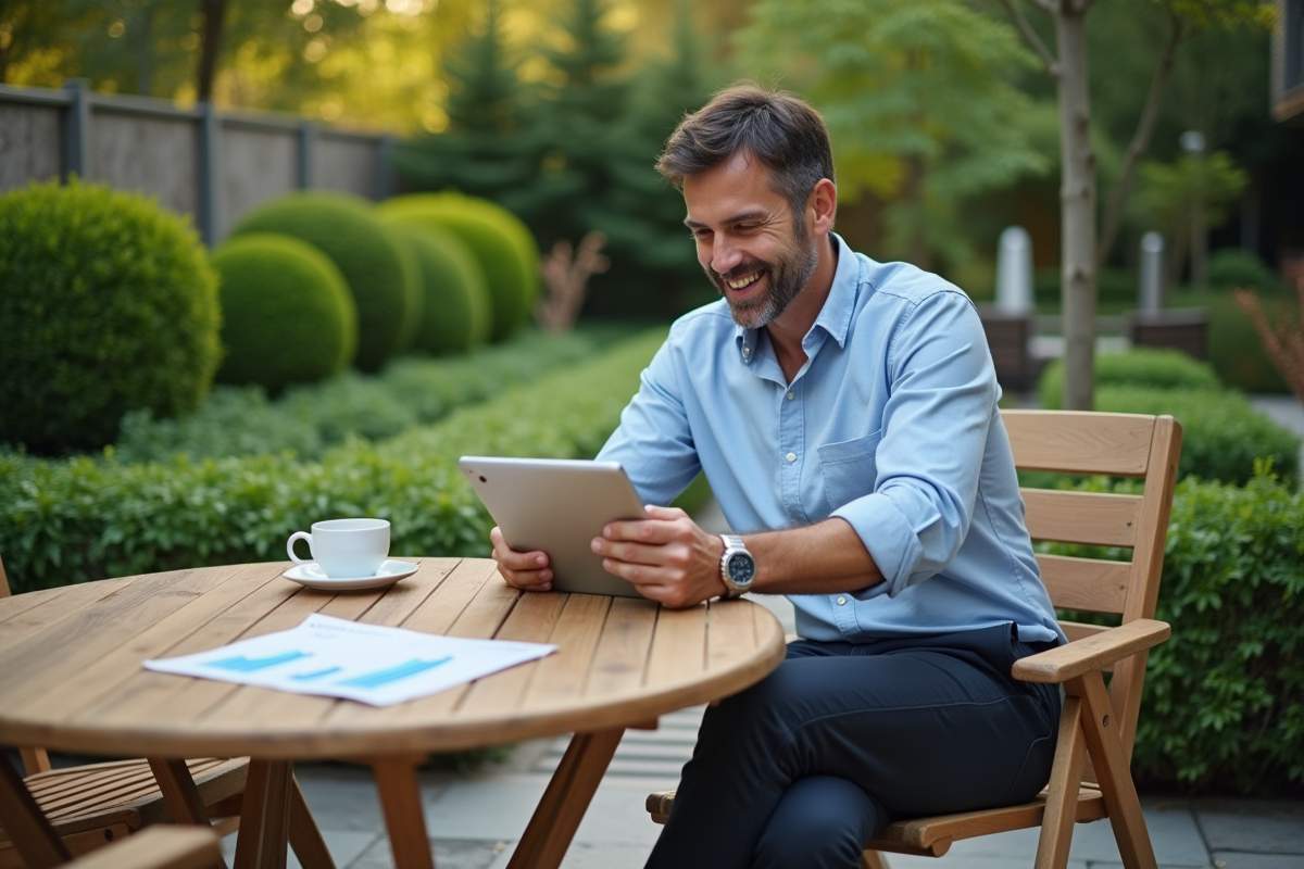 Homme détendu consulte des graphiques financiers sur une tablette