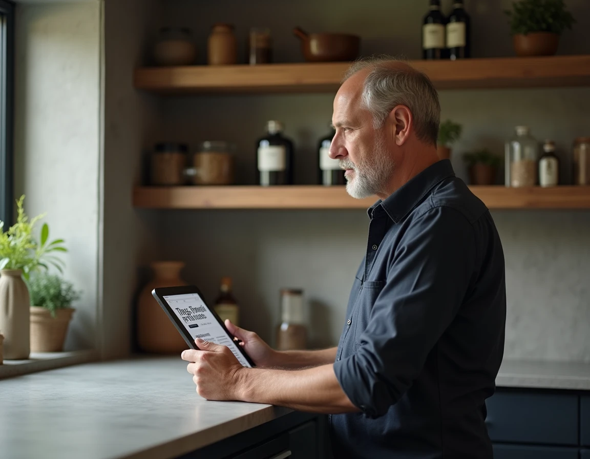 Homme parcourant une ancienne version du site comptoir-des-abbayes sur une tablette dans une cuisine moderne