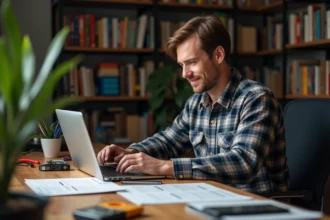 Homme d'âge moyen travaillant sur un ordinateur dans un bureau