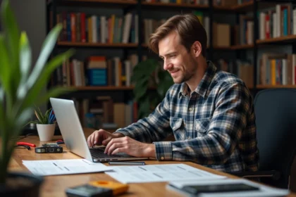 Homme d'âge moyen travaillant sur un ordinateur dans un bureau