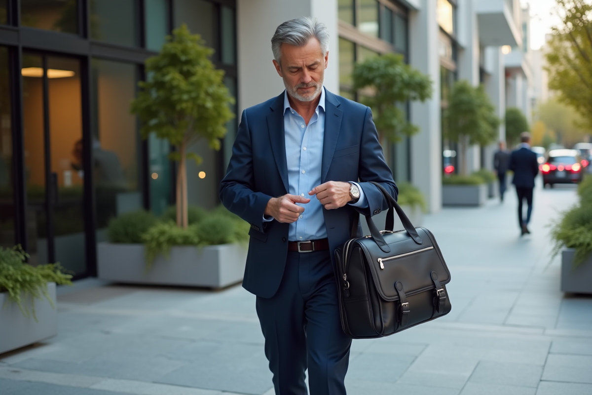 Homme en costume sortant du bâtiment de bureau moderne