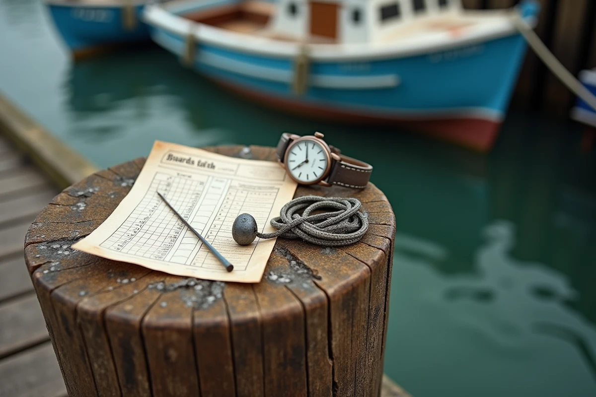 Relevé des horaires de marée posé sur un ponton en bois du port de Capbreton avec matériel de pêche