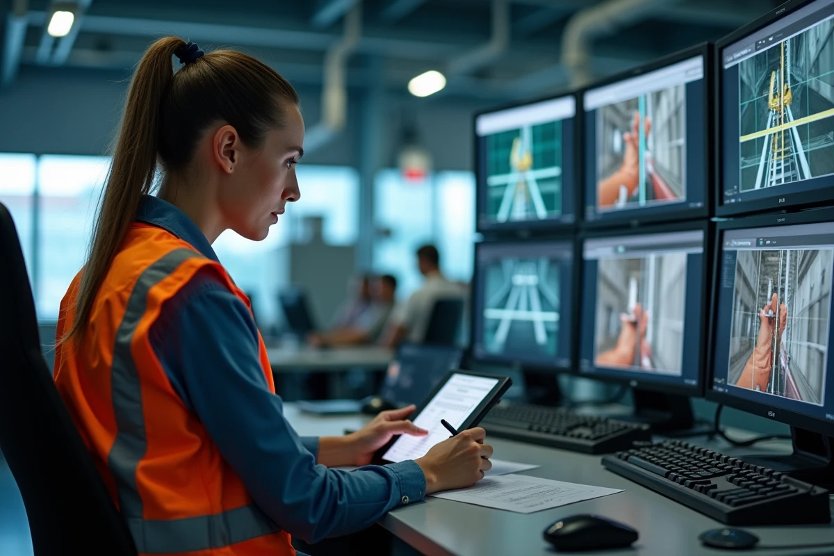 Ingénieure en intérieur surveillant des écrans de vidéo inspection