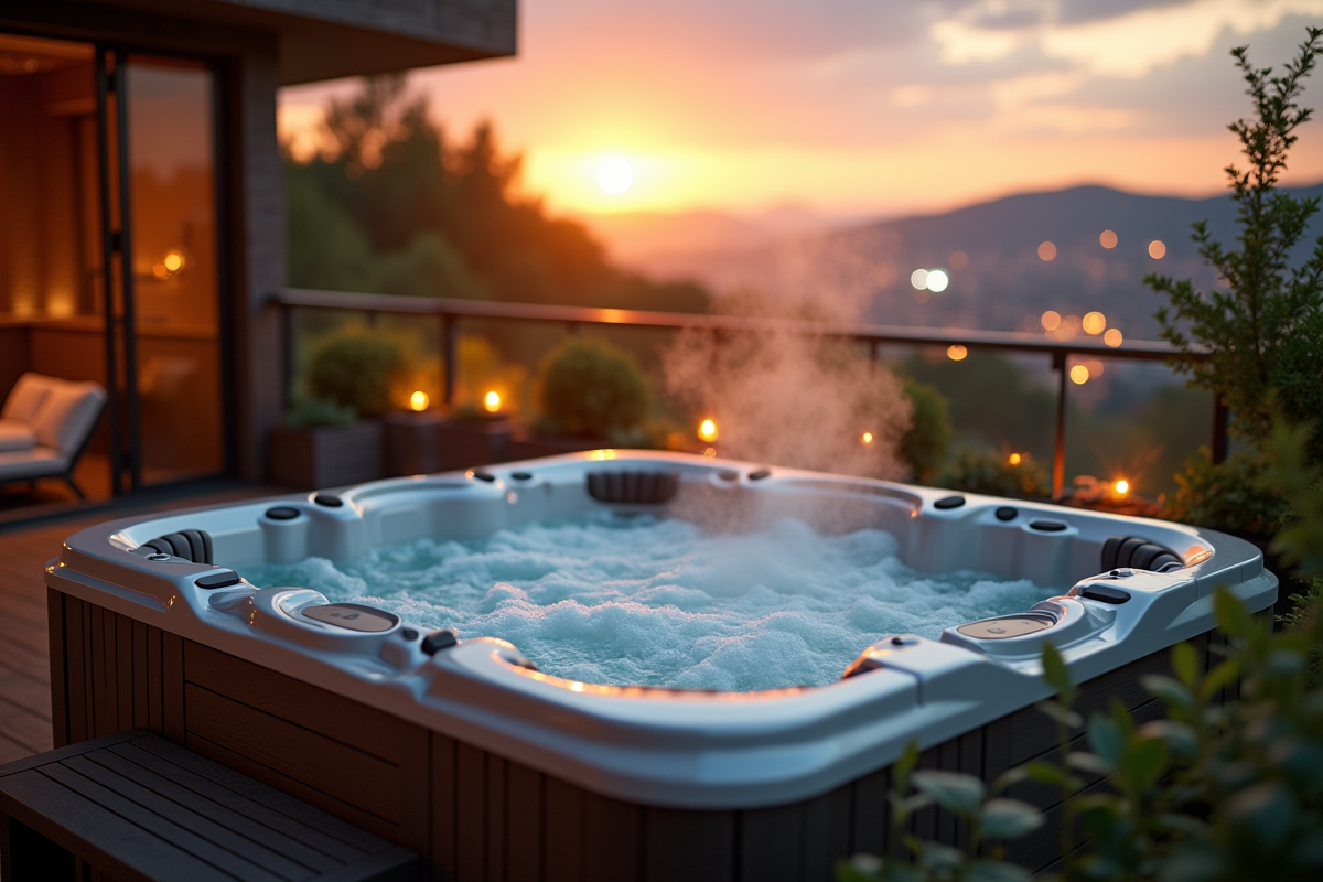 Jacuzzi extérieur au coucher du soleil entouré de lumières