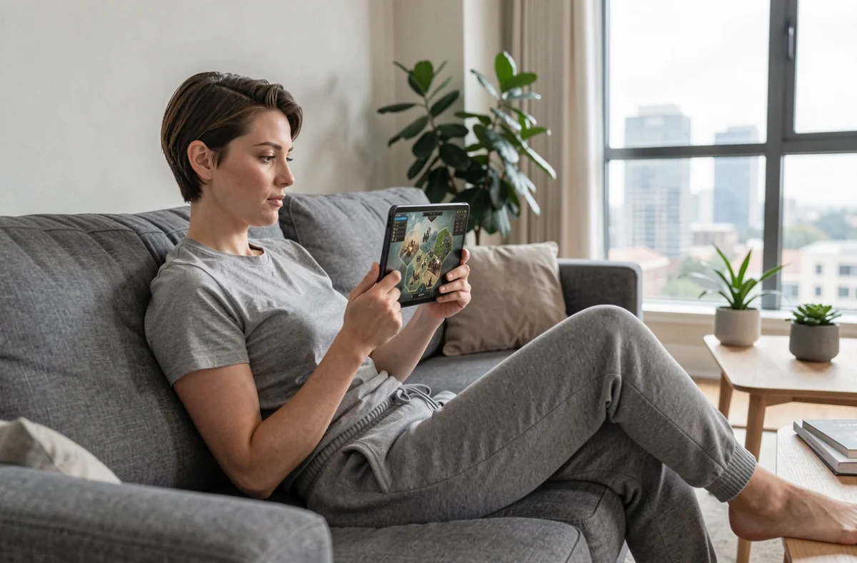 Femme jouant à un jeu de guerre tactique sur tablette dans un appartement moderne