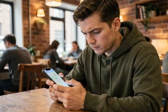 Jeune homme jouant à un jeu de stratégie militaire sur smartphone dans un café urbain