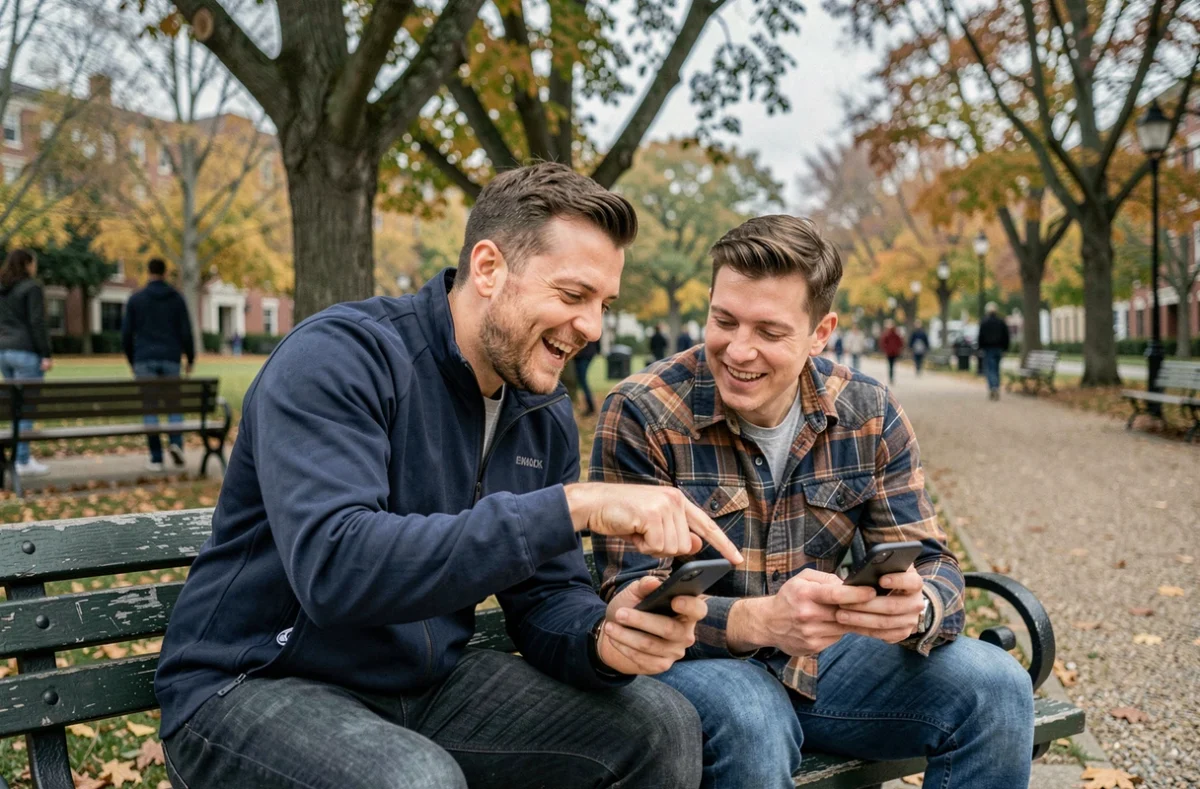 Deux amis jouant ensemble à un jeu de stratégie mobile en multijoueur dans un parc