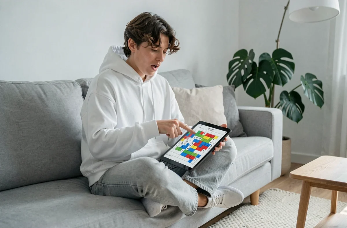 Jeune adulte jouant à CodyCross sur tablette dans un salon scandinave pour résoudre le mot de passe du jour