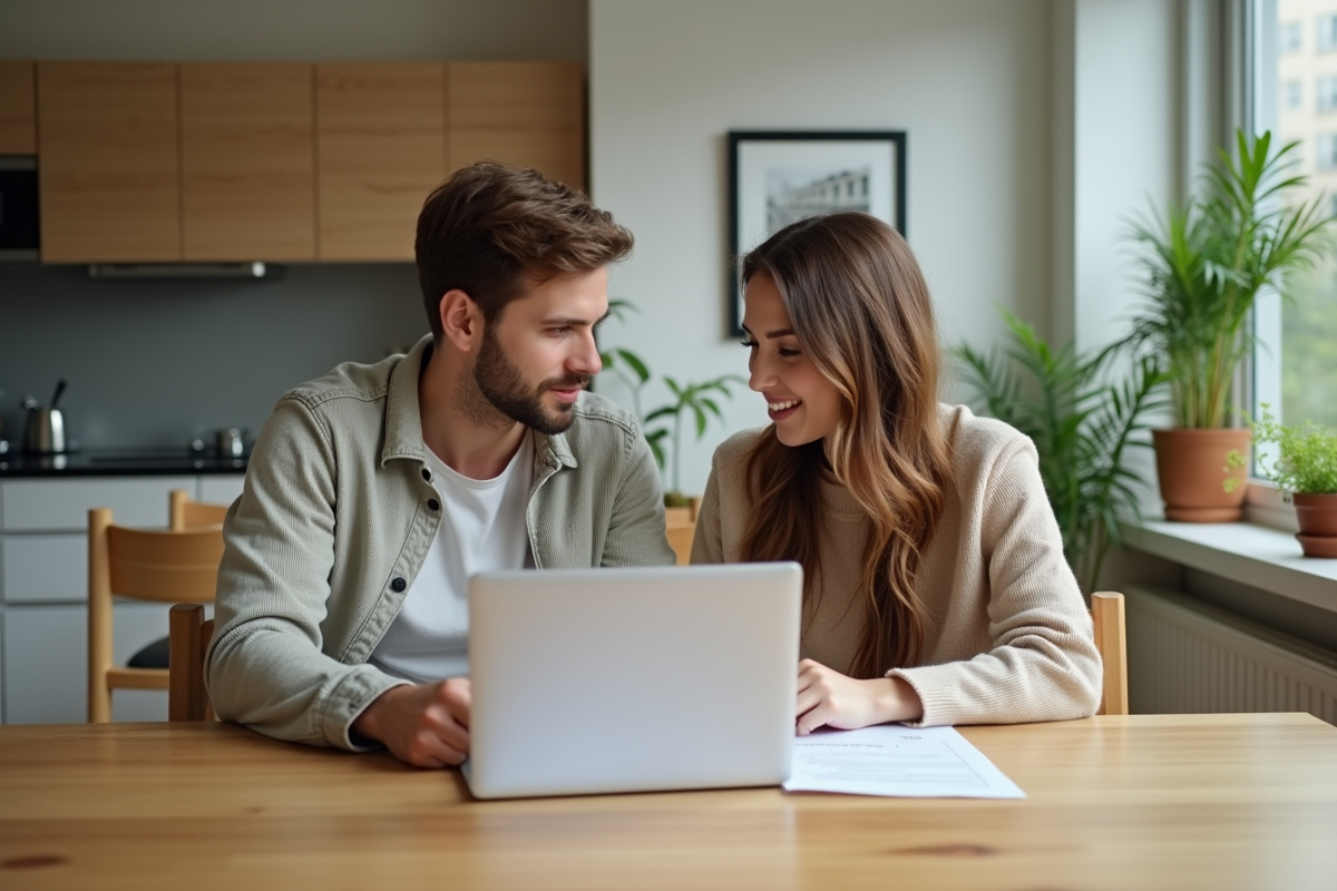 Jeune couple discutant de location à table moderne