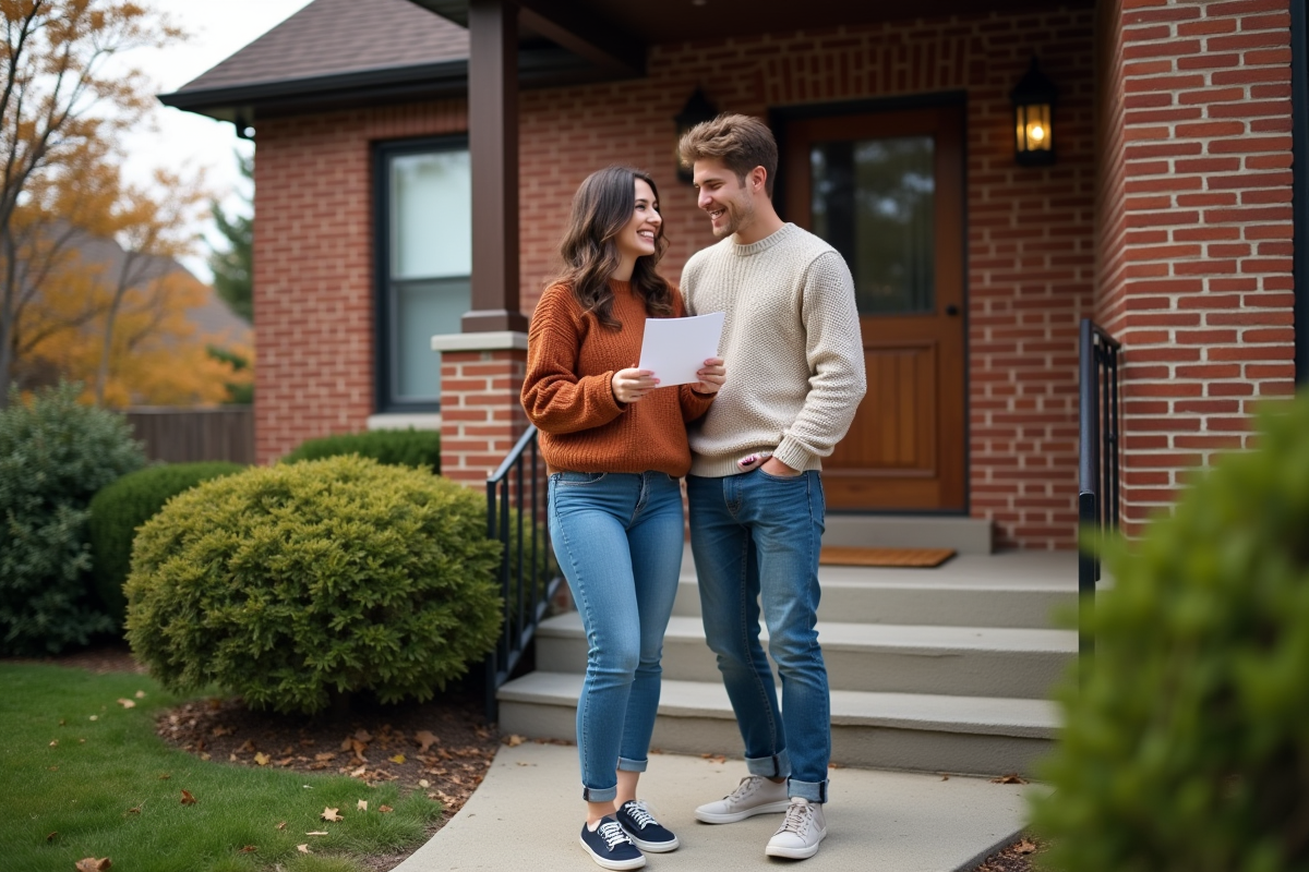Jeune couple souriant sur le pas de la maison vérifiant une lettre