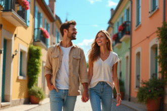 Jeune couple souriant dans une ville française colorée
