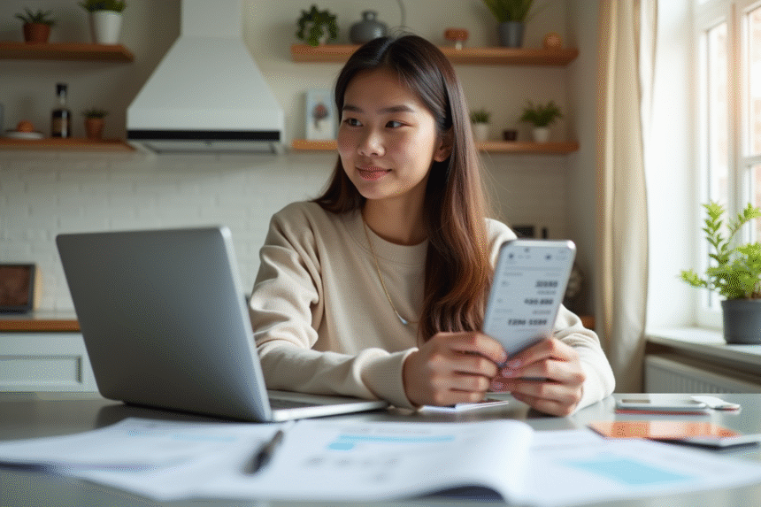 Jeune femme faisant un achat en ligne sur son ordinateur dans une cuisine lumineuse