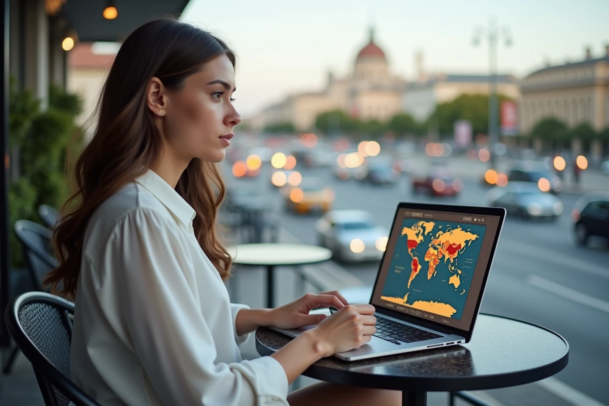 Jeune femme avec ordinateur et carnet en terrasse de café