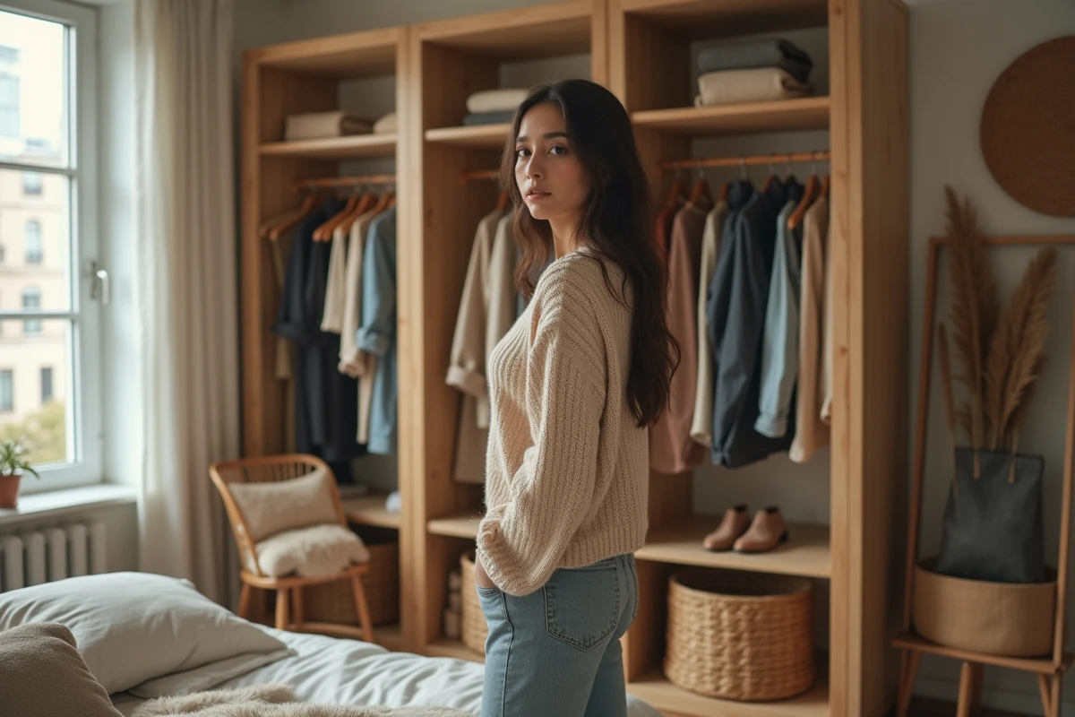 Jeune femme choisissant ses vêtements dans une armoire minimaliste