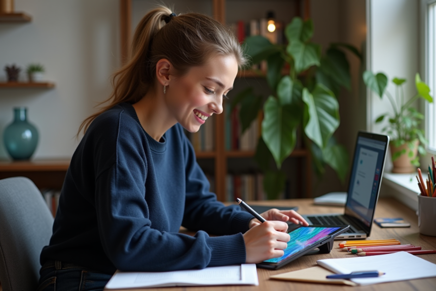 Jeune femme en train de dessiner sur une tablette numérique dans un bureau cosy