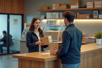 Jeune femme dépose un colis à un comptoir de magasin