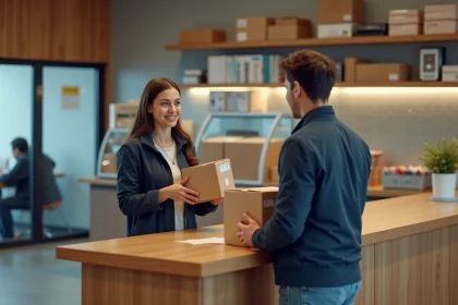 Jeune femme dépose un colis à un comptoir de magasin