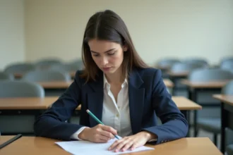 Jeune femme concentrée relisant son examen dans une salle universitaire