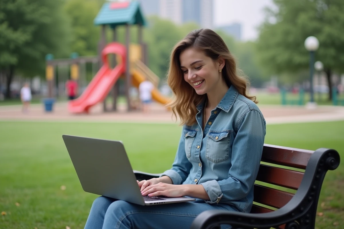 Jeune femme avec ordinateur portable dans un parc urbain