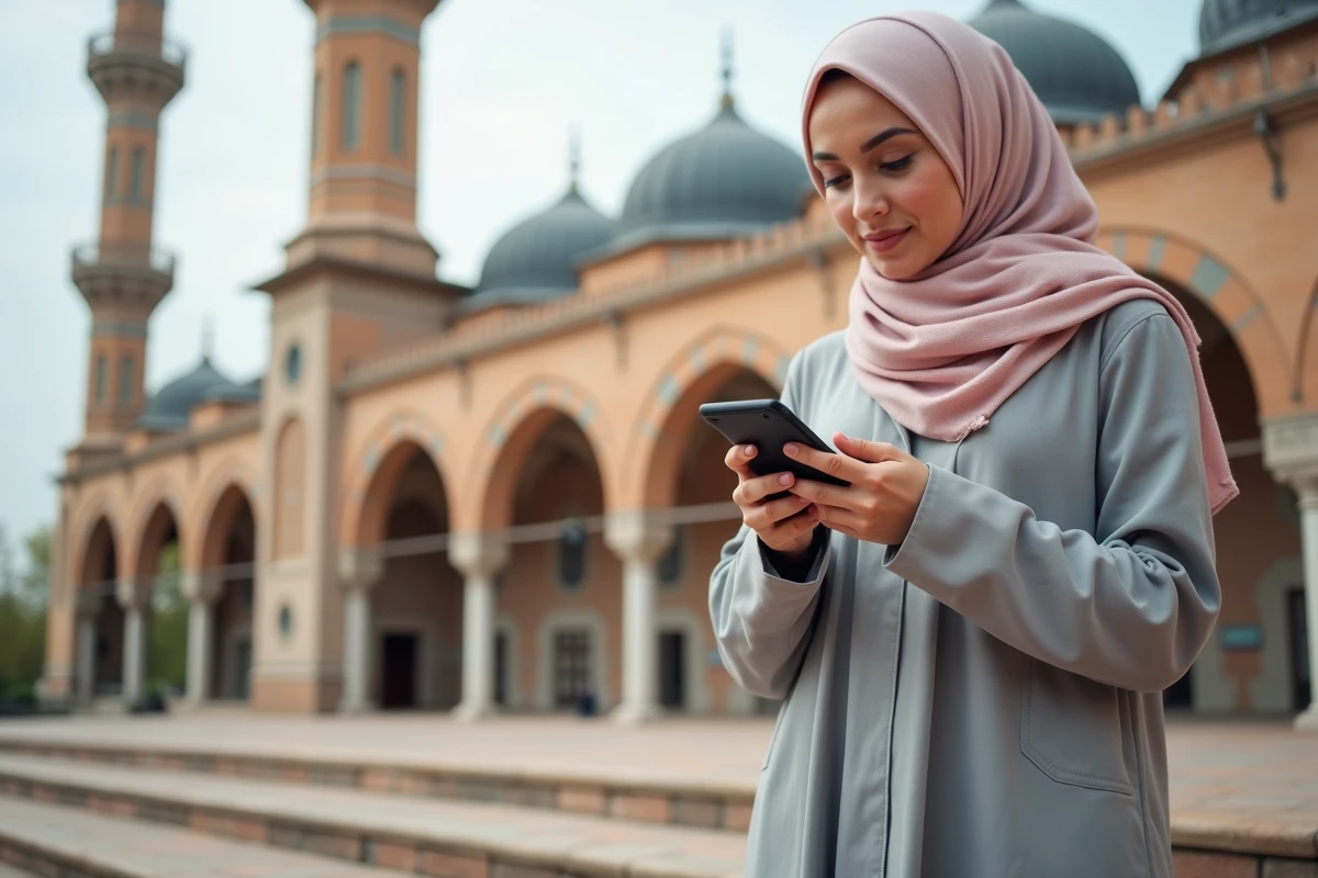 Jeune femme avec hijab devant la mosquée de Toulouse