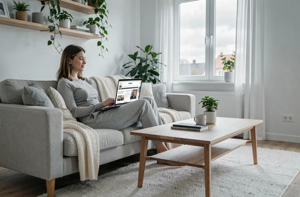 Jeune femme naviguant sur la page d'accueil Buzzmax quotidien avec son ordinateur portable dans un salon scandinave lumineux
