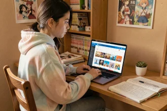 Jeune femme consultant un planning d'animés sur son ordinateur portable dans un bureau cosy décoré de posters de manga