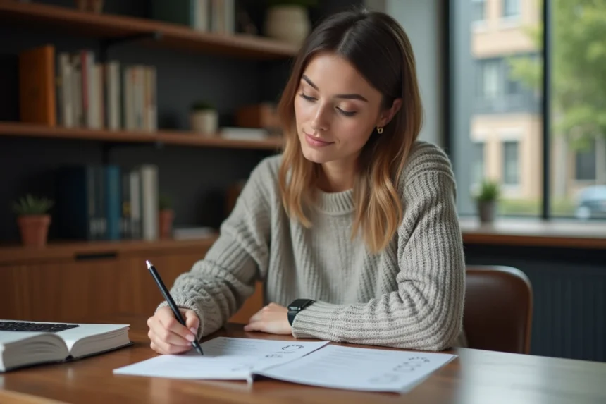 Jeune femme en pleine réflexion lors d'un quiz de personnalité