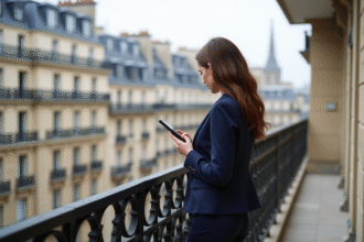 Jeune femme en costume vérifiant annonces immobilières à Paris