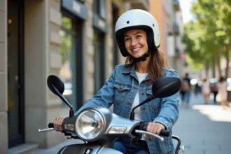 Jeune femme souriante avec casque sur scooter en ville