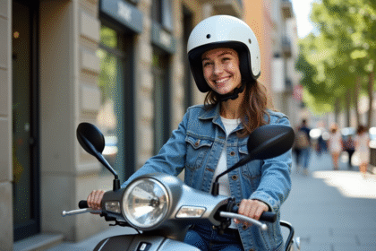 Jeune femme souriante avec casque sur scooter en ville