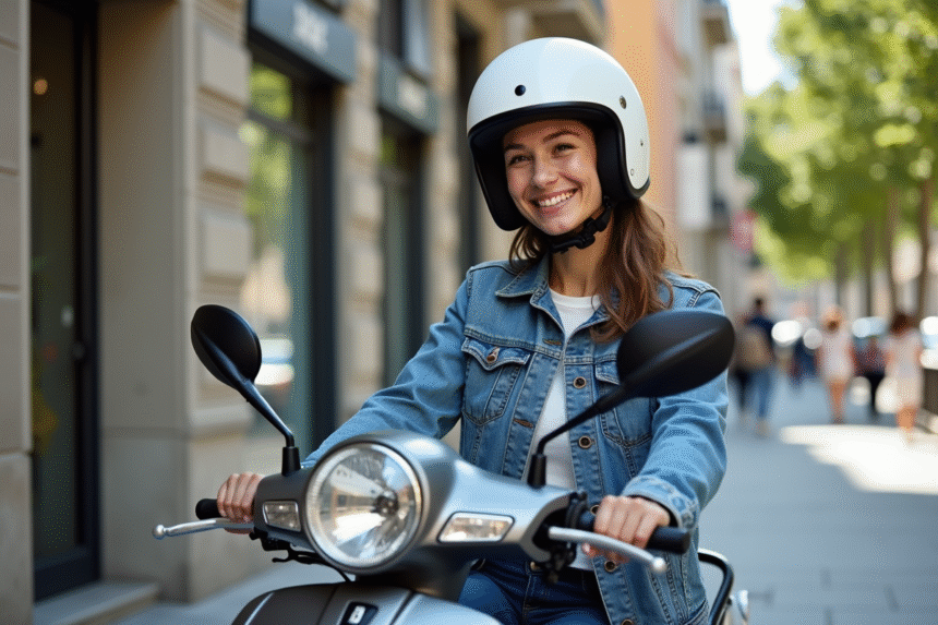 Jeune femme souriante avec casque sur scooter en ville