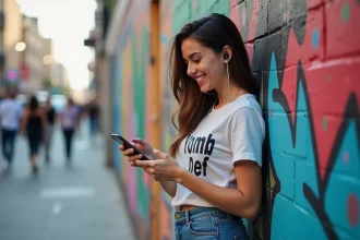 Jeune femme souriante avec écouteurs et t-shirt graphique
