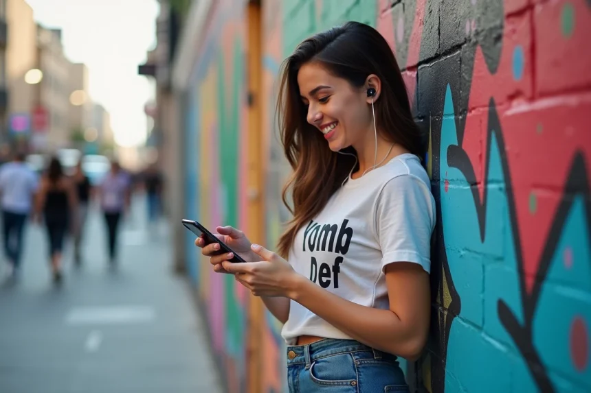 Jeune femme souriante avec écouteurs et t-shirt graphique