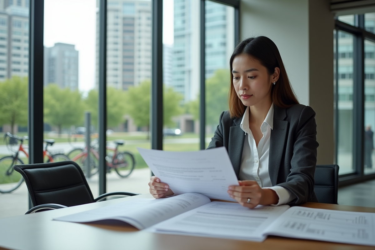 Jeune femme analysant des documents d