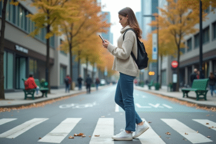 Jeune femme dans la ville regardant son téléphone avec une carte numérique