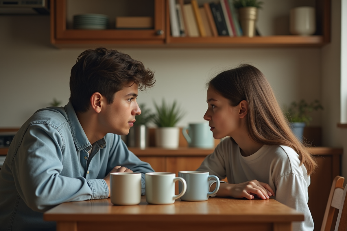 Un jeune homme et une adolescente discutant à la cuisine