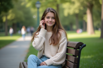 Jeune fille assise sur un banc dans un parc en souriant