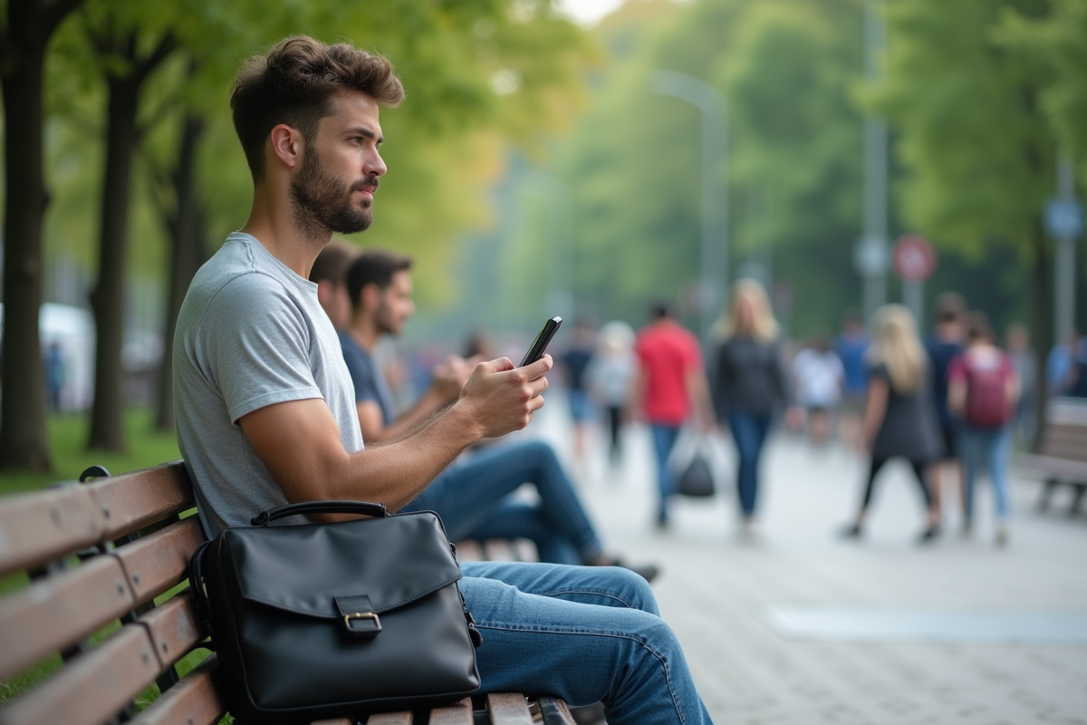 Jeune homme assis dans un parc urbain avec smartphone