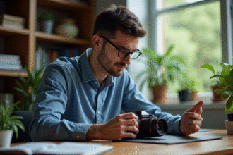 Jeune homme ajustant un appareil photo en intérieur