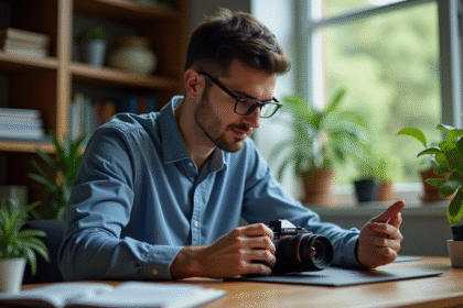 Jeune homme ajustant un appareil photo en intérieur