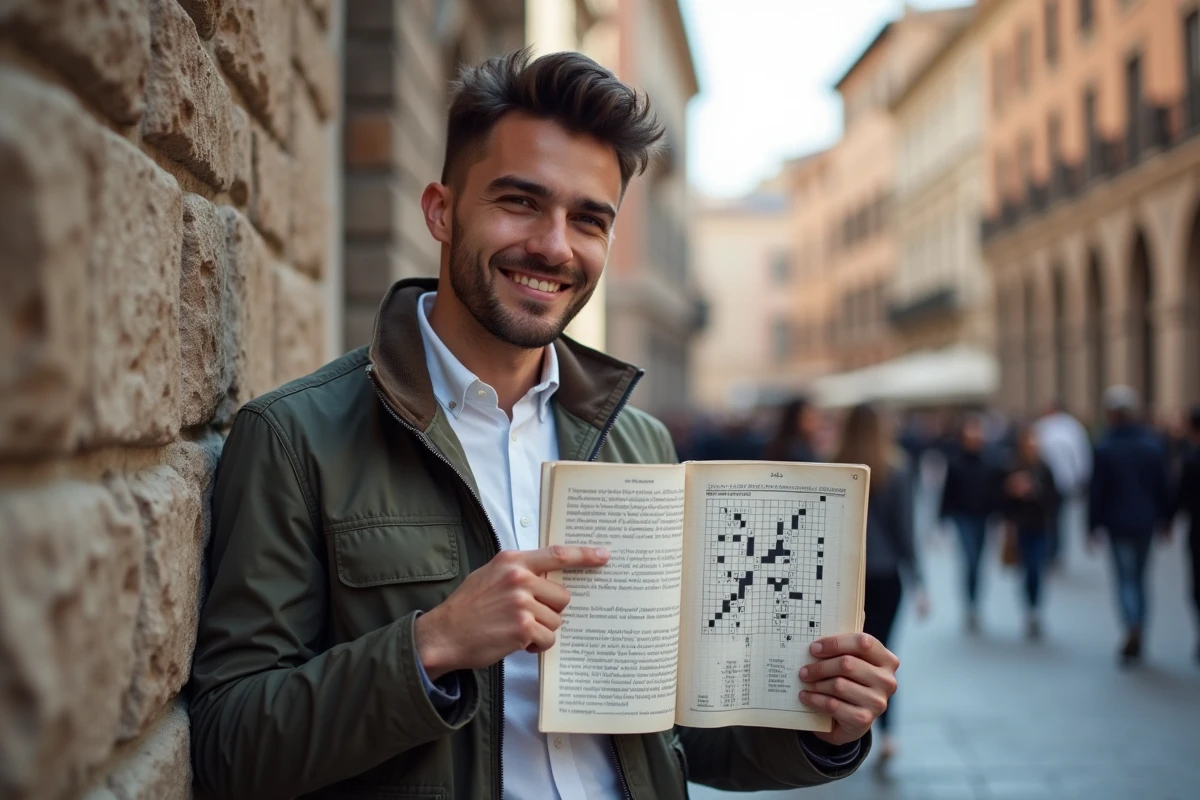 Jeune homme pointant une énigme dans un livre de mots croises en Italie