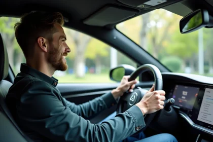 Jeune homme en voiture électrique en ville