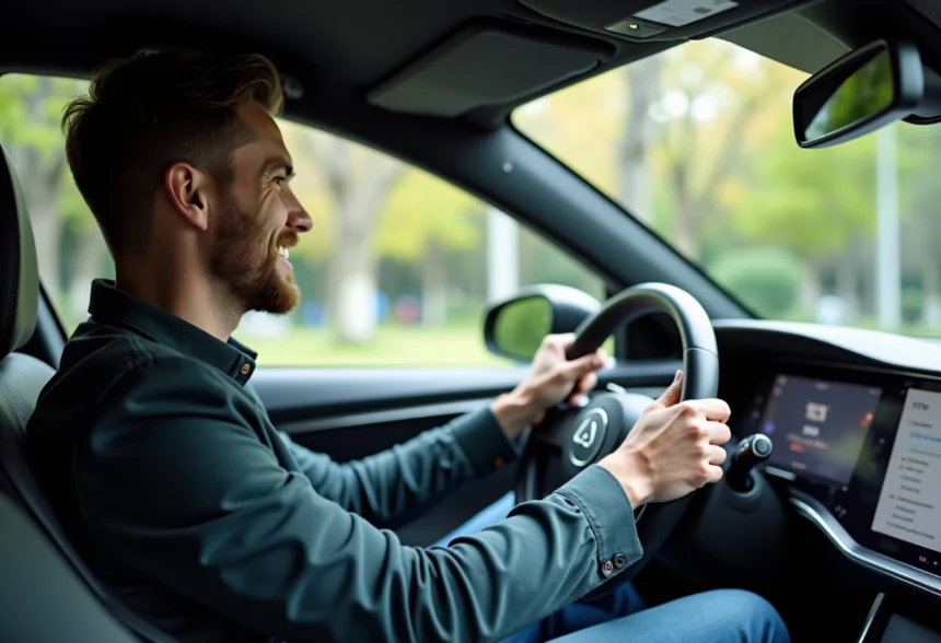 Jeune homme en voiture électrique en ville