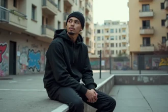 Jeune rappeur en extérieur dans un environnement urbain