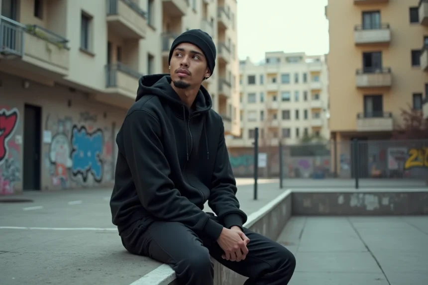 Jeune rappeur en extérieur dans un environnement urbain