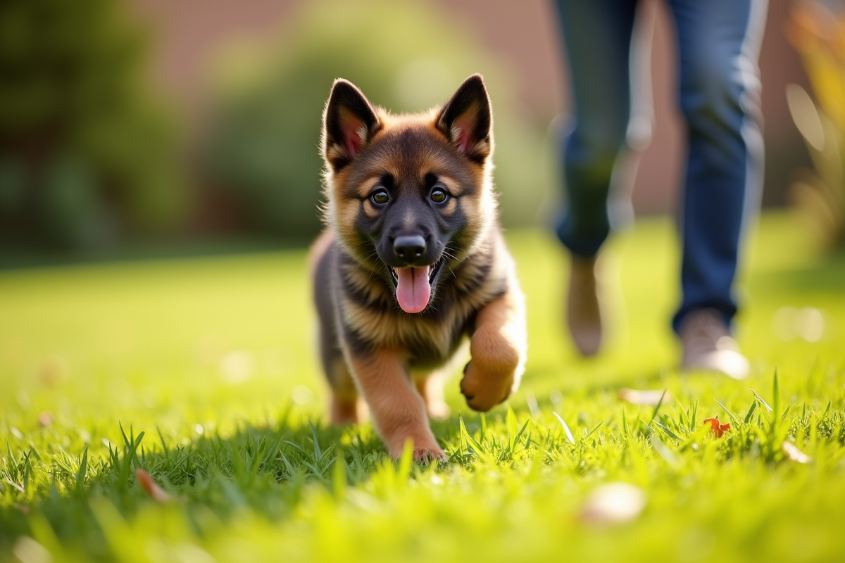 Jeune chiot berger allemand courant dans un jardin ensoleille
