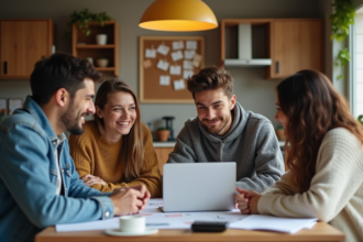 Quatre jeunes adultes discutent autour d une table de cuisine