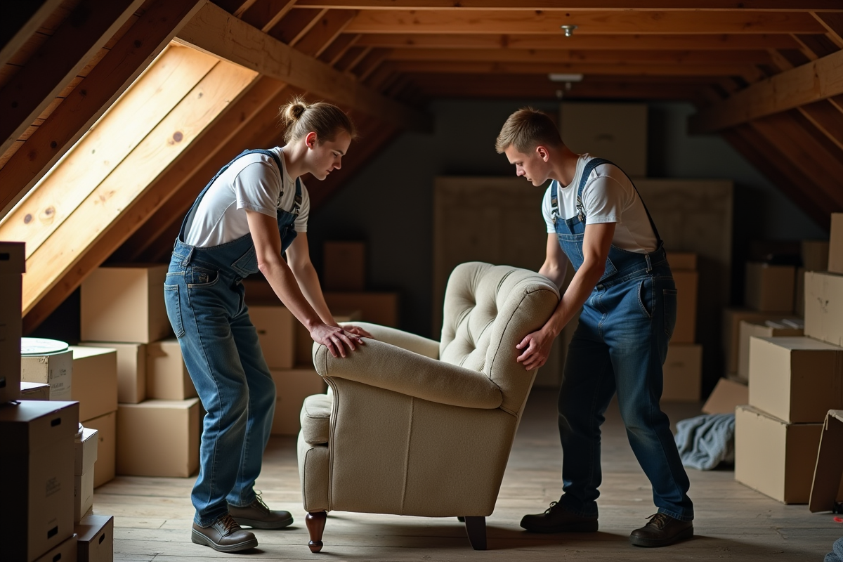 Deux jeunes hommes sortant un fauteuil du grenier