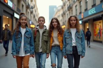 Groupe d'adolescents urbains en tenues futuristes dans la ville