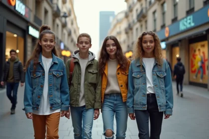 Groupe d'adolescents urbains en tenues futuristes dans la ville